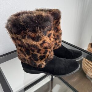 Stuart Weitzman Women’s Mid-Calf Boots Black Suede Leopard Fur Size 7.5/8